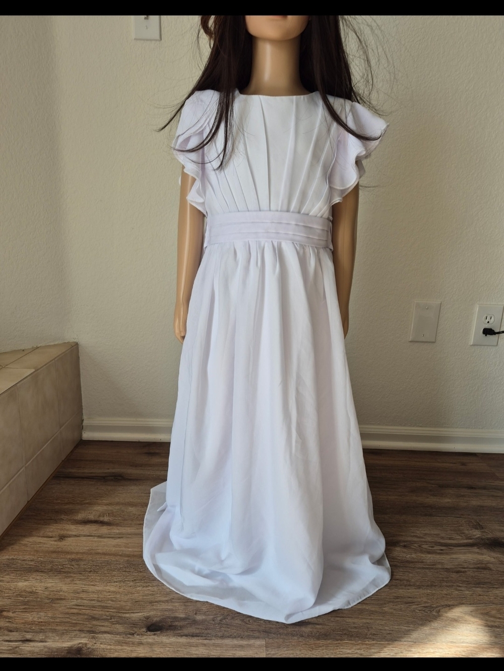 White Girls' Pleated Waist Formal Dress